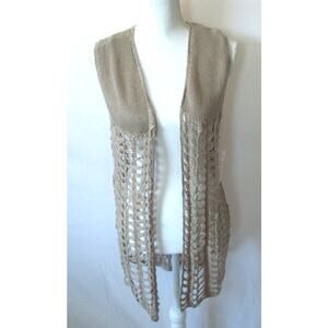 Indigo Women's Sleeveless Tan Crochet Open Front Cardigan Sweater NWT Size Lg.